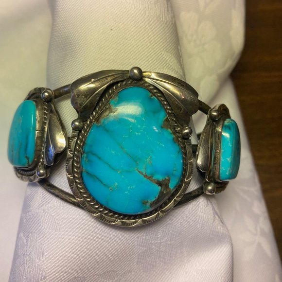 Navajo Signed Vintage 3 Stone Kingman Turquoise & Sterling Silver Bracelet Rare - Picture 2 of 12